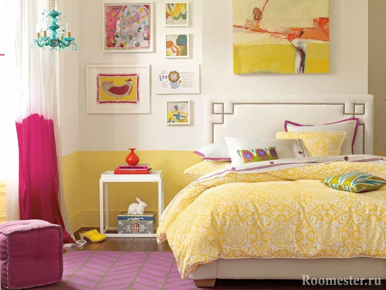 Дизайн светлой спальни с лимонными цветами