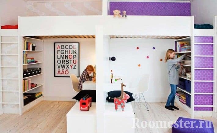 Детская комната для разнополых детей поделенная на два пространства