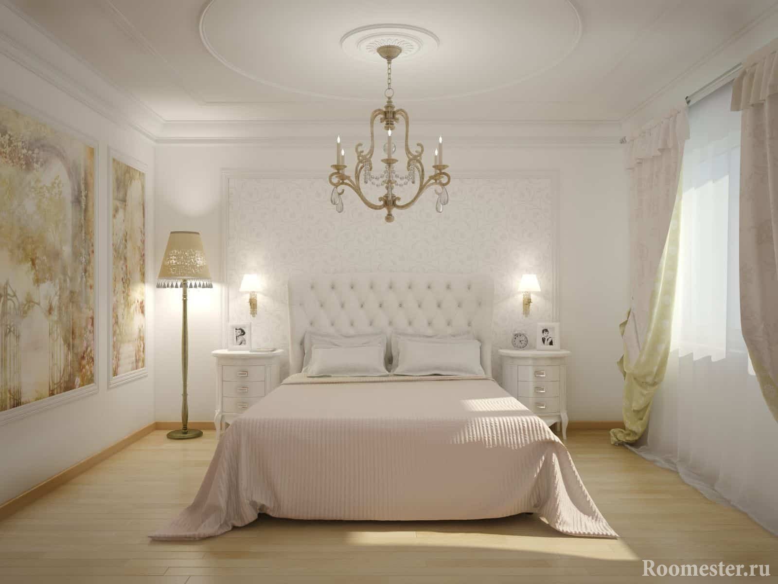 Классическая белая спальня с панно на стене