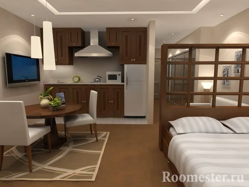 На этом дизайне вы можете увидеть как отделить спальное место в маленькой квартире