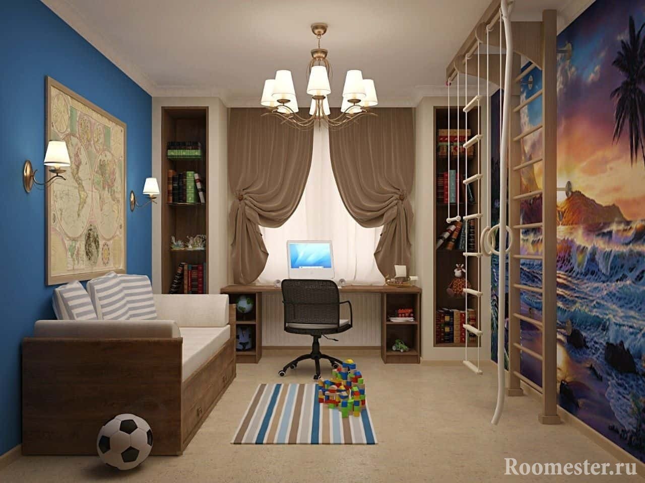 Детская комната в хрущевке для мальчика с спортивной зоной
