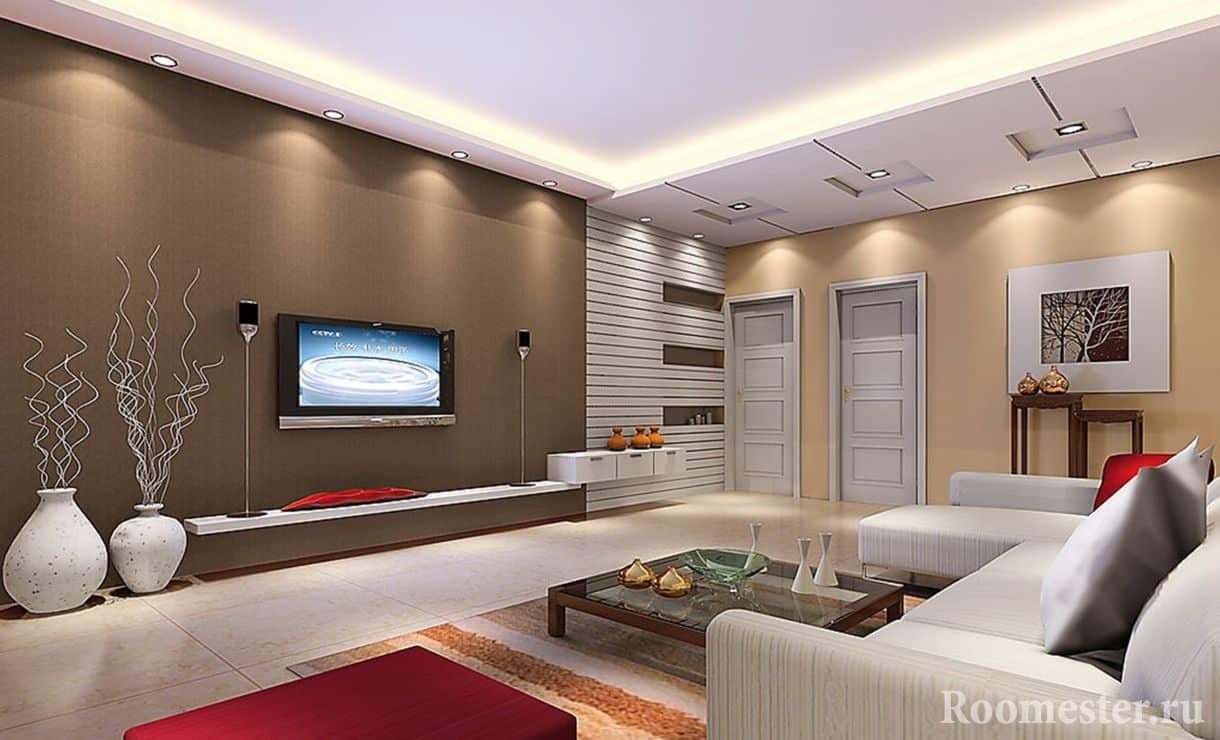 Просторная гостиная комната квадратной формы в стиле хай-тэк