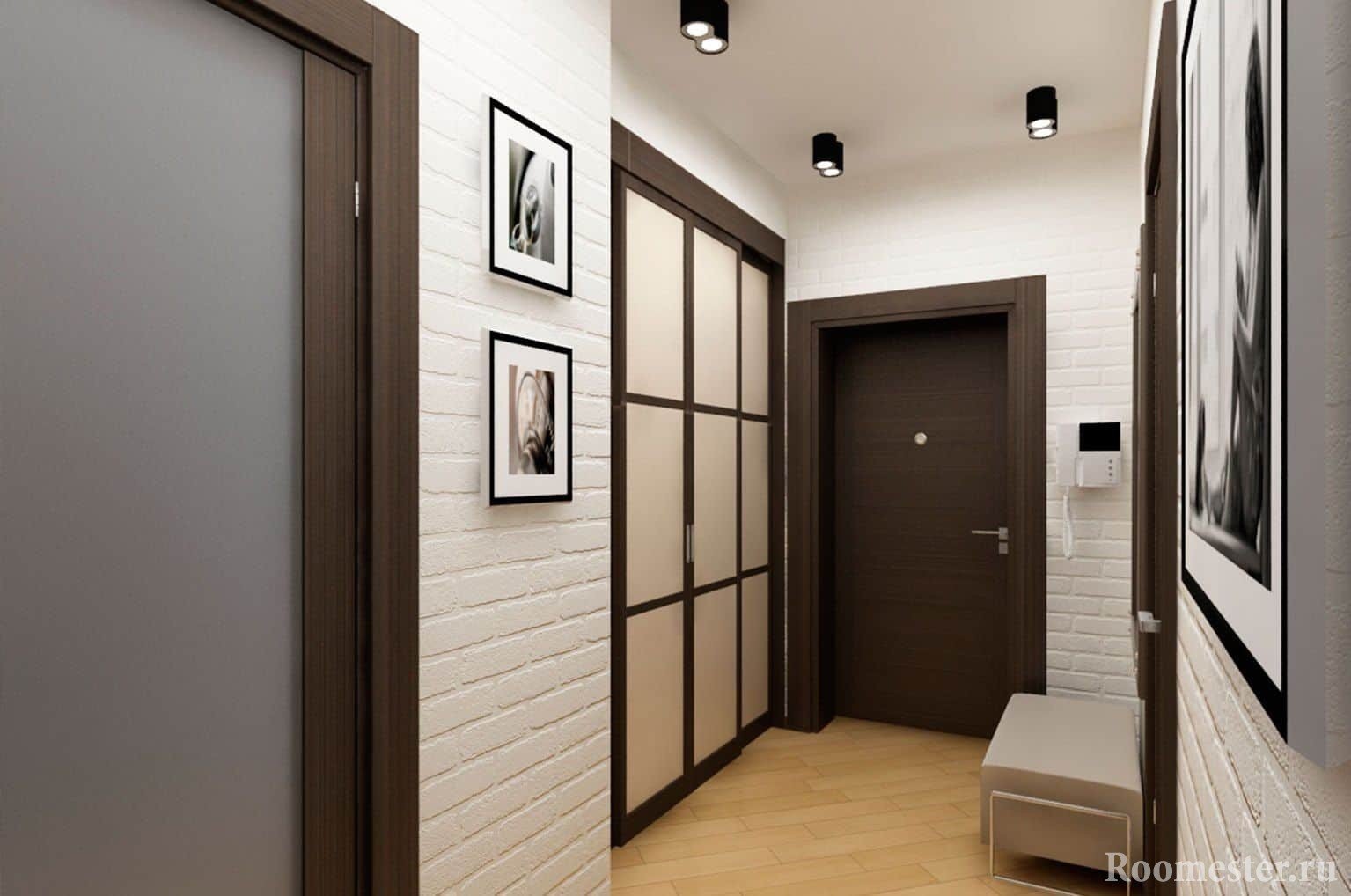 Дизайн интерьера маленького коридора с шкафом и пуфиком