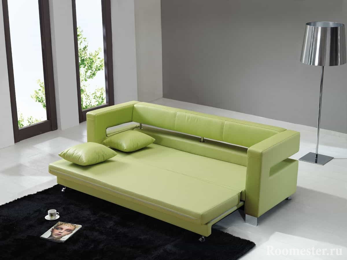 Выдвижной диван в зеленой эко-коже