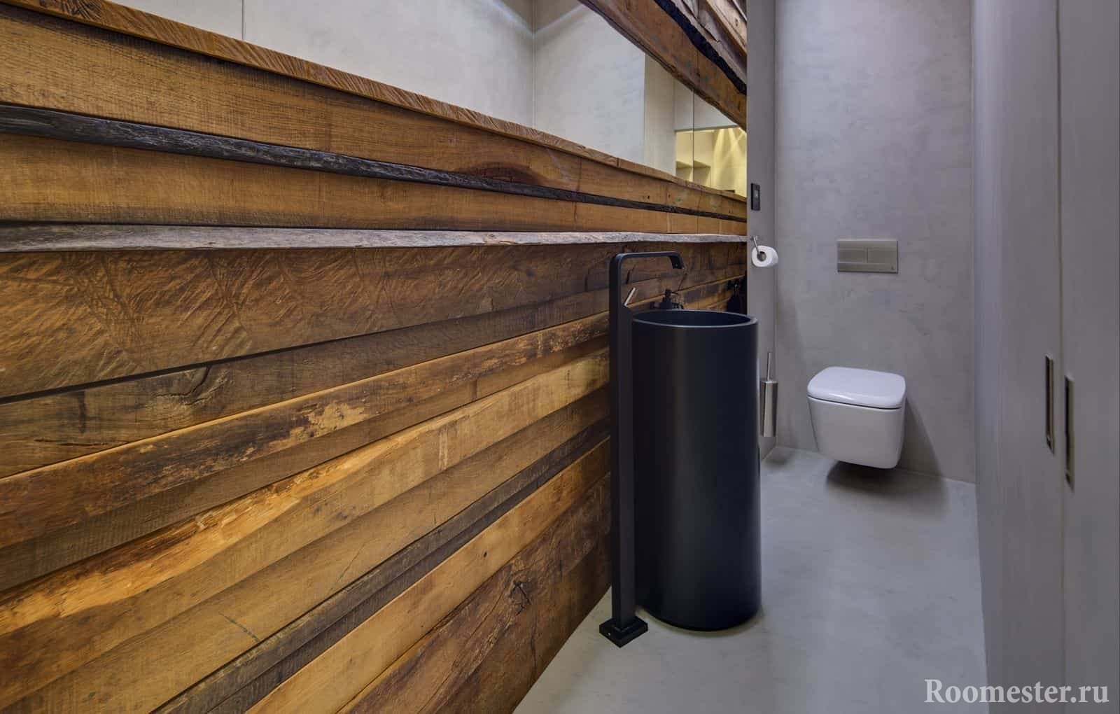 Современный дизайн маленького туалета в эко стиле с необычной раковиной