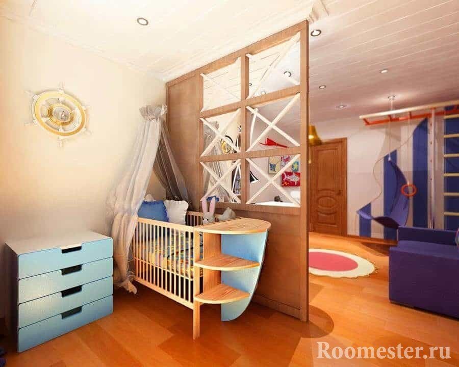 Деревянная перегородка в одной комнате гостиной и детской