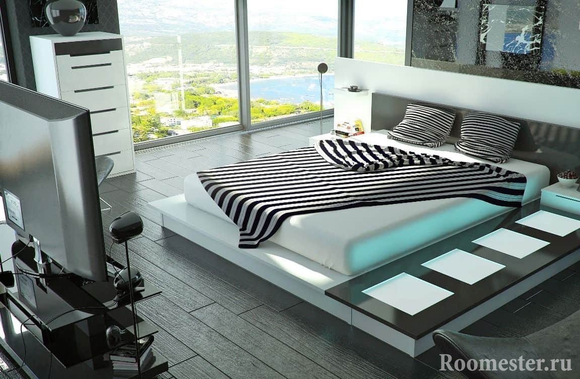 Спальня с большой кроватью с подсветкой в стиле хай тек