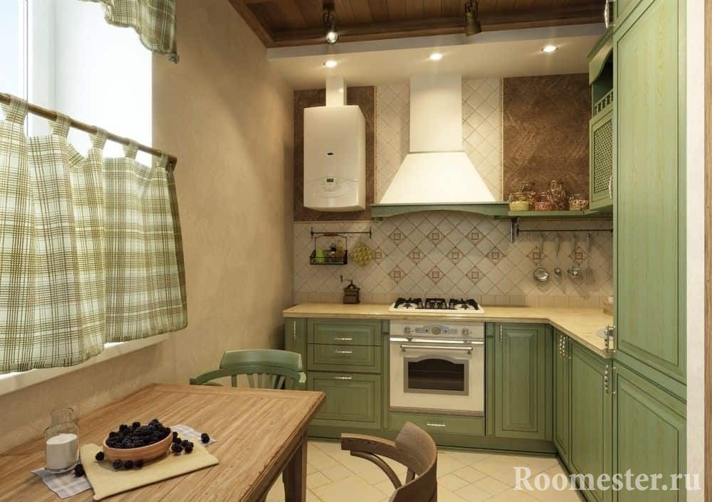 Угловая кухня в деревенском стиле с фартуком из кафельной плитки и крашенными стенами 