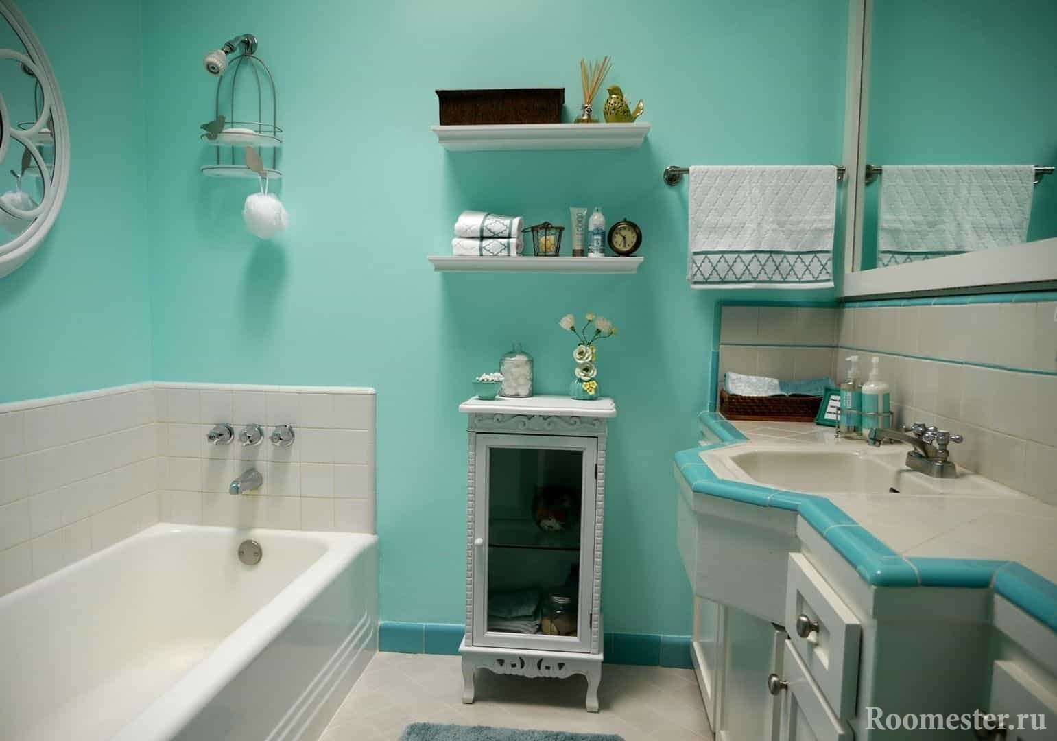 Бирюзоывй цвет в интерьере ванной 
