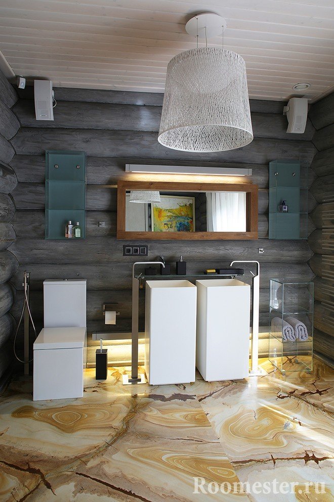 Ванная комната с серыми деревянными стенами