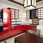 Красная мебель в белом интерьере кухни