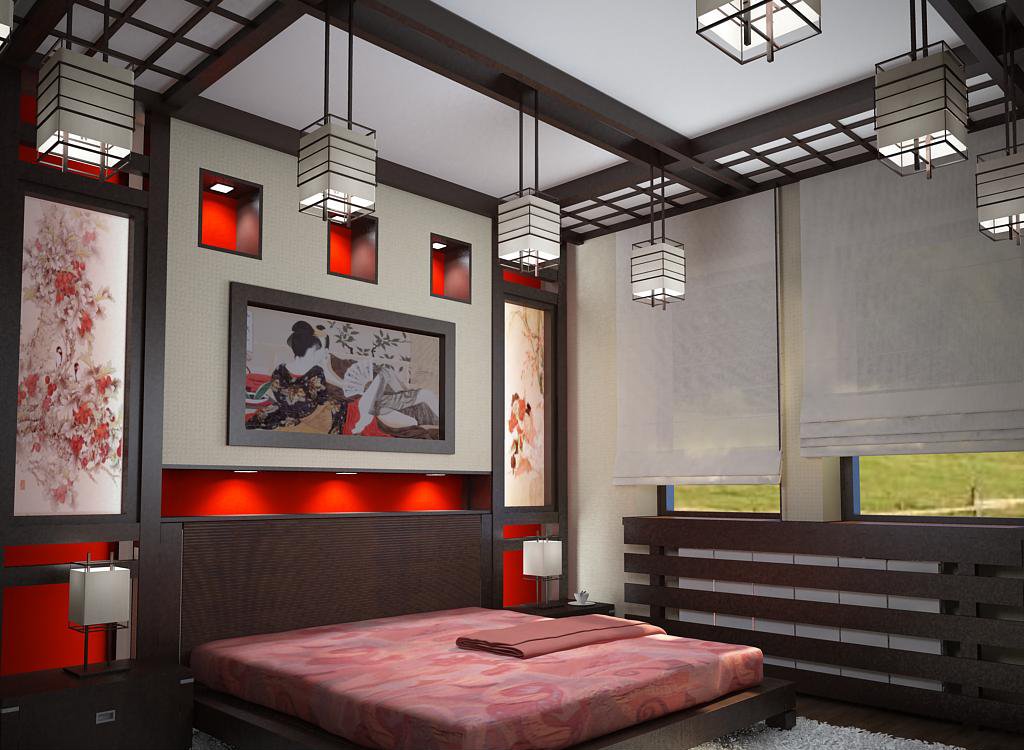 Светильники и люстры в спальне в японском стиле