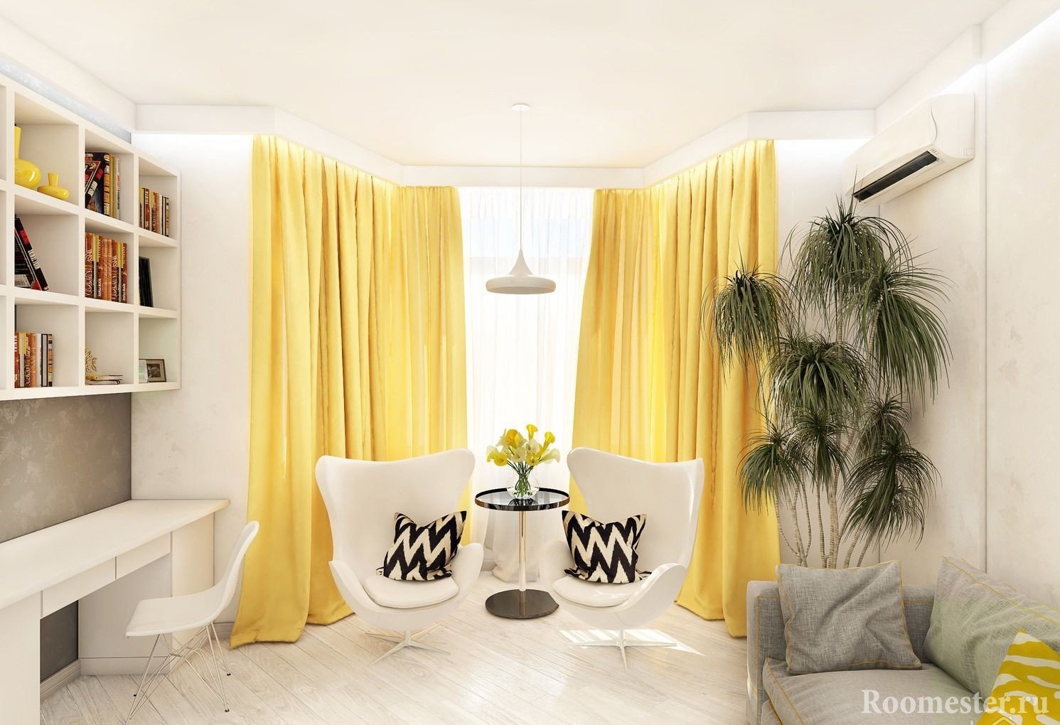 Желтые шторы в белой гостиной