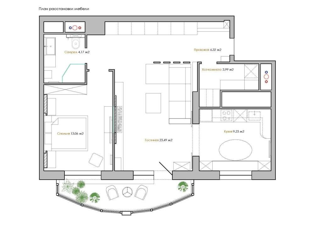 Дизайн-проект интерьера двухкомнатной квартиры 60 кв. м в чертежах: