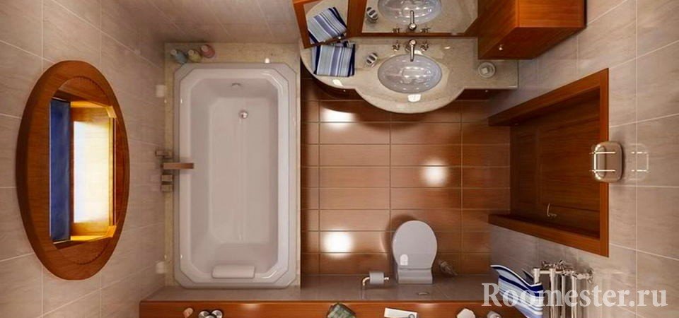 Сочетание коричневой и бежевой плитки в ванной