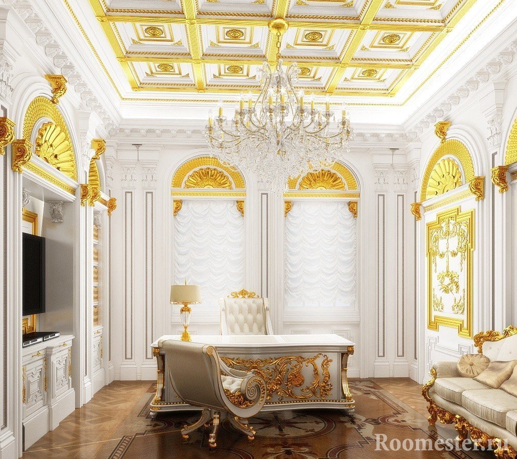 Кабинет с белым интерьером и золотым декором