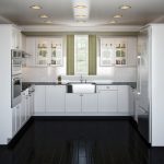 Черный пол и белая мебель на кухне