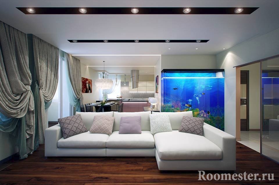 Красивый интерьер гостиной с аквариумом