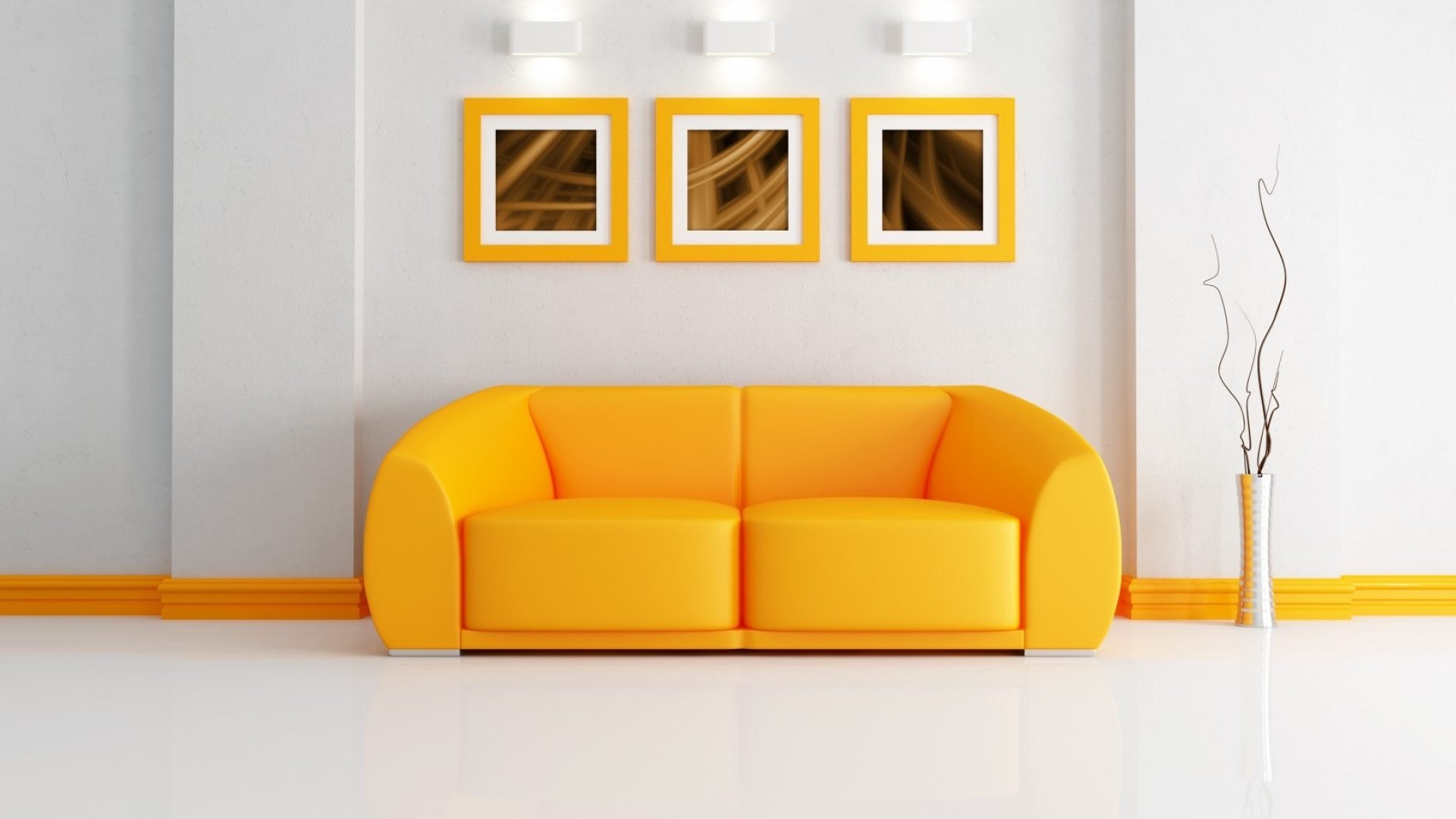 Светлый интерьер с оранжевым диваном
