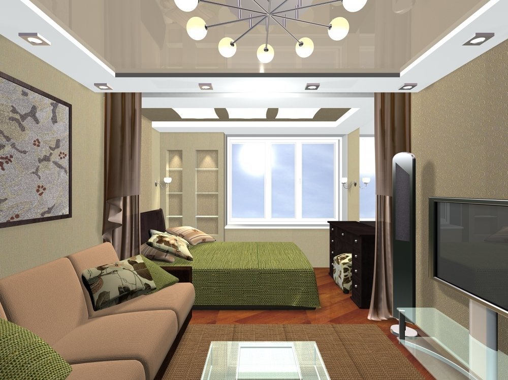 Современный дизайн спальни-гостиной 18 кв м