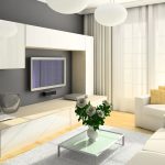 Сочетание серой стены и белой мебели в гостиной