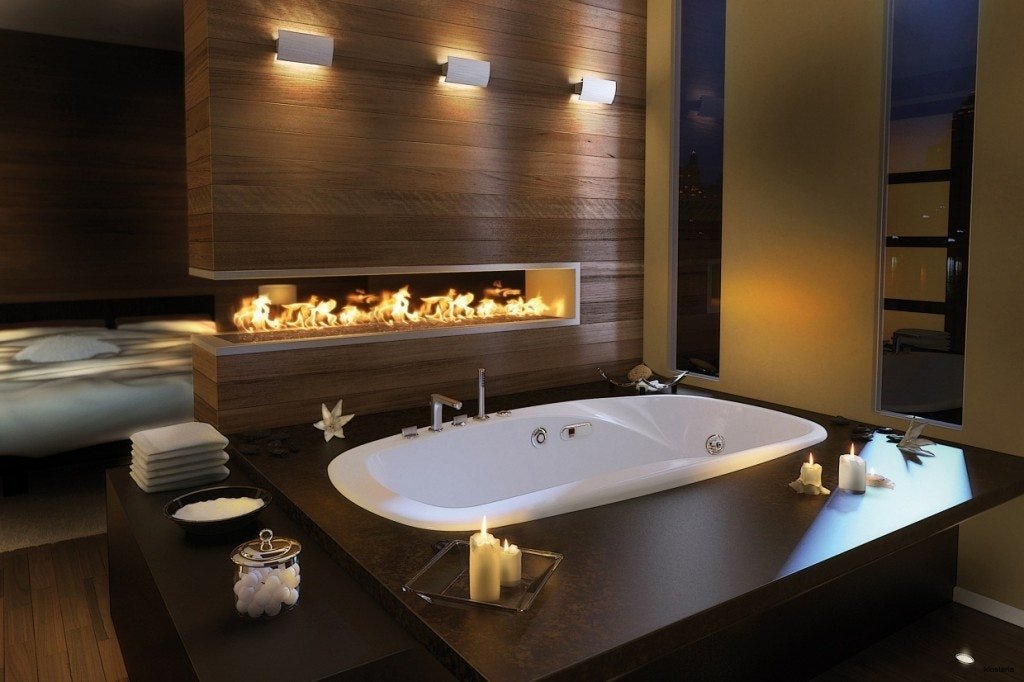Современный дизайн ванной комнаты с камином
