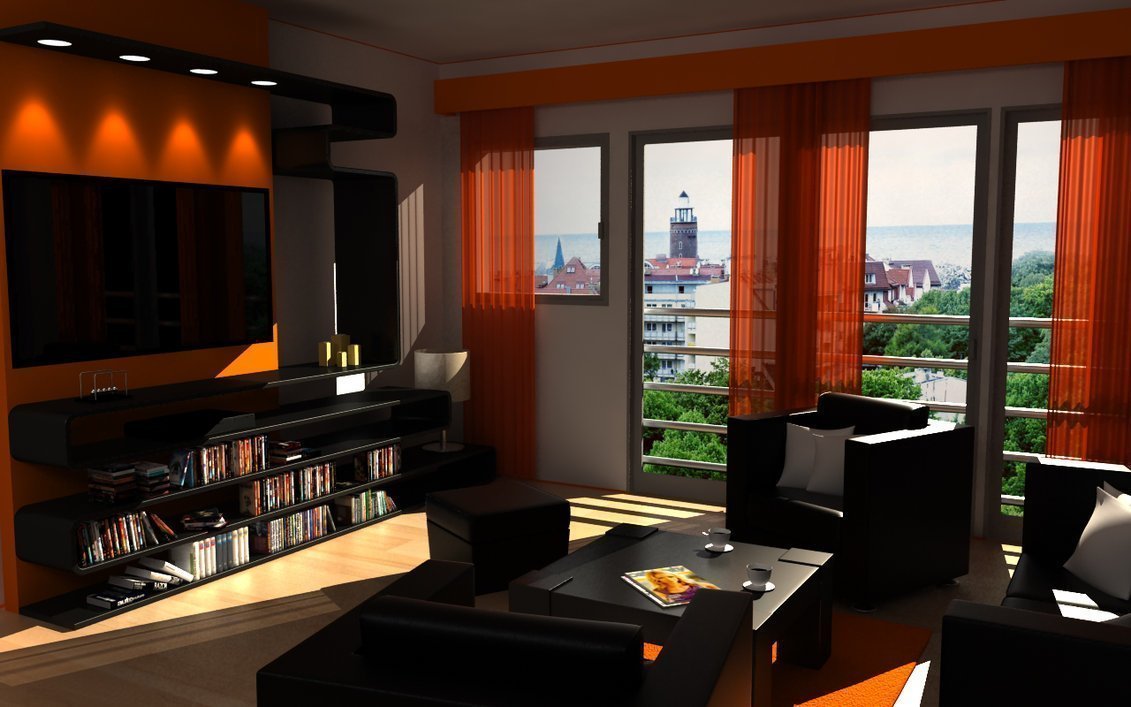 Темная мебель и оранжевые шторы в гостиной