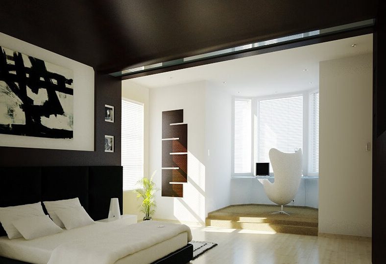 Уютная спальня с черным потолком и стенами