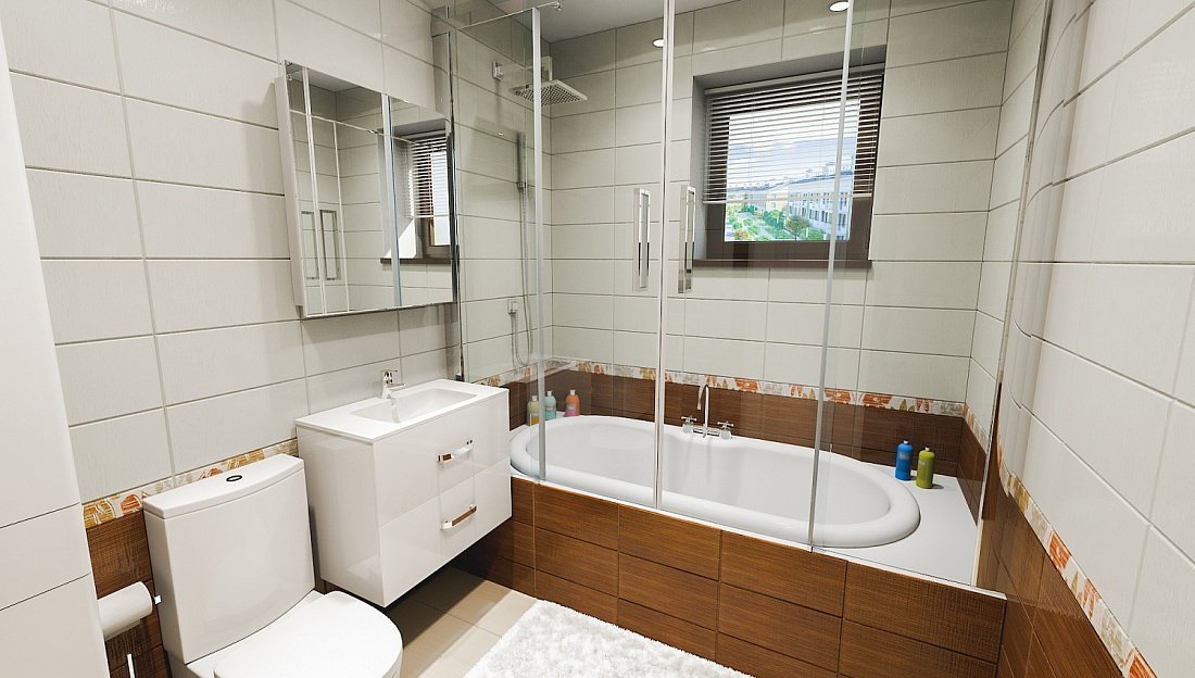 Современная ванная комната с квадратным окном