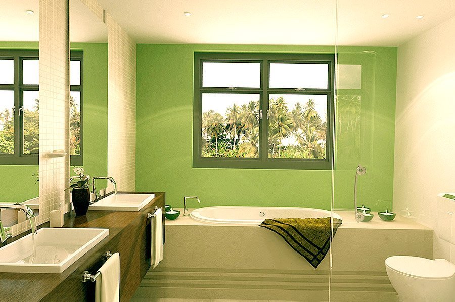 Ванная с окном в зеленом дизайне