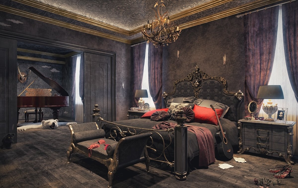Спальня в готическом стиле в темных тонах