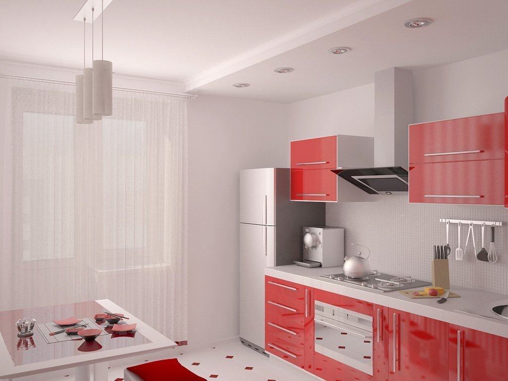 Светлый интерьер с красной кухней