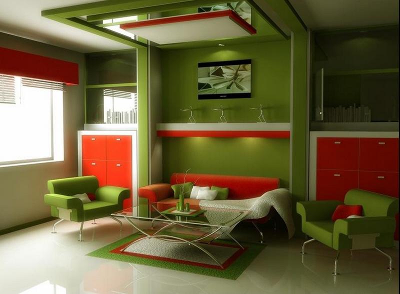 Зеленый интерьер с оранжевой мебелью