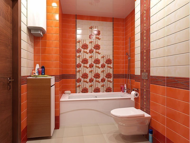 Оранжевая плитка в интерьере малогабаритной ванной