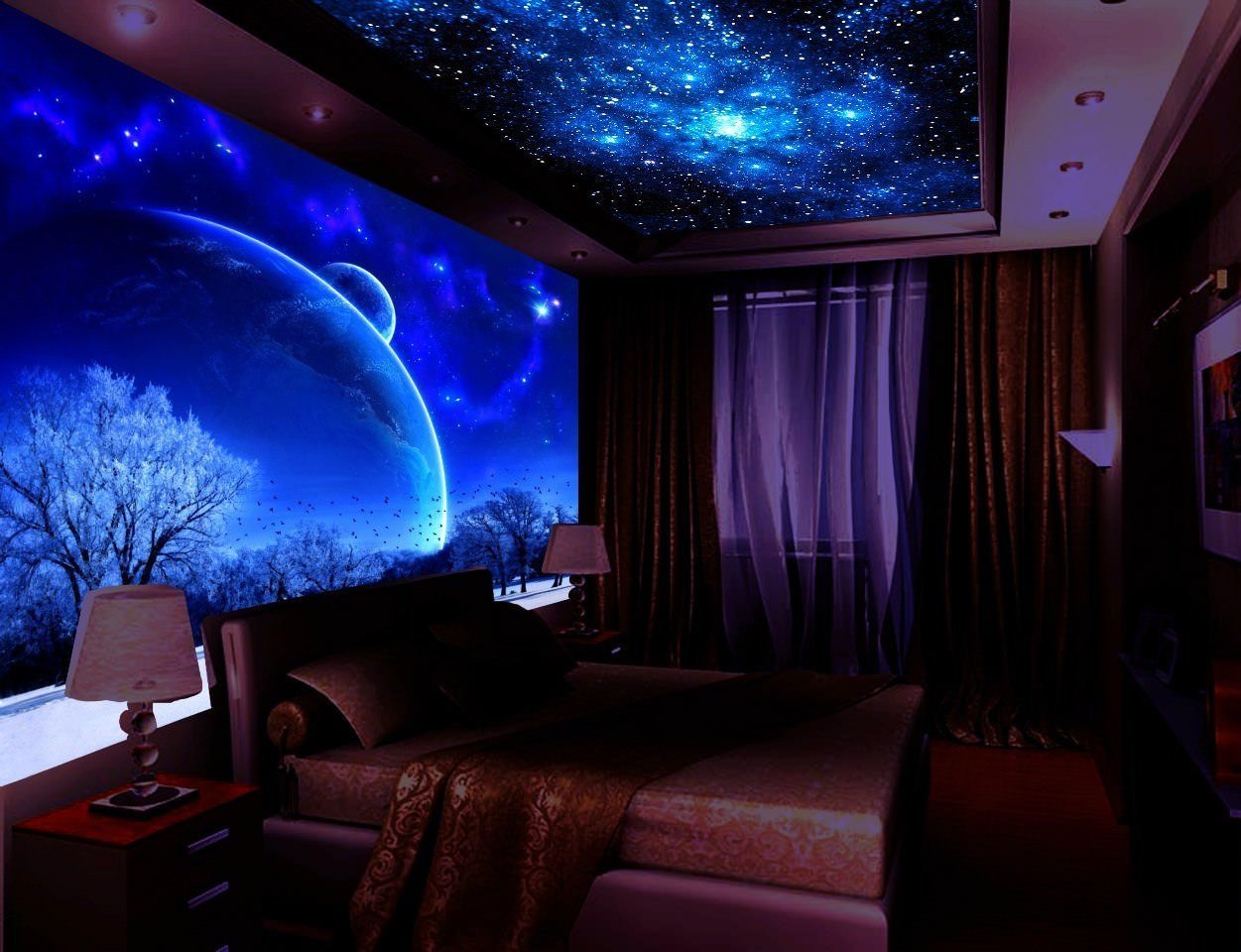Подсветка в спальне в стиле галактики