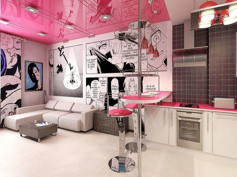 Розовый потолок в интерьере в стиле поп-арт
