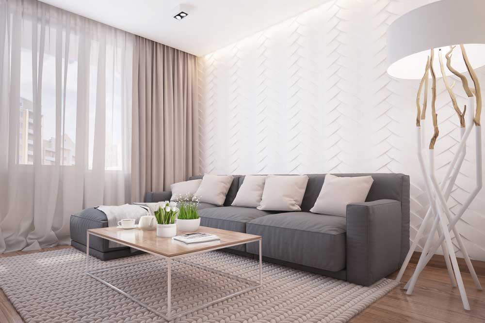 Дизайн с серым диваном в гостиной