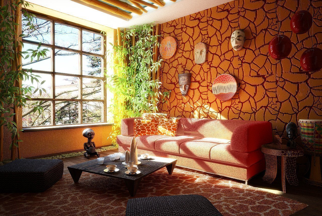 Оранжевая декоративная штукатурка в дизайне гостиной