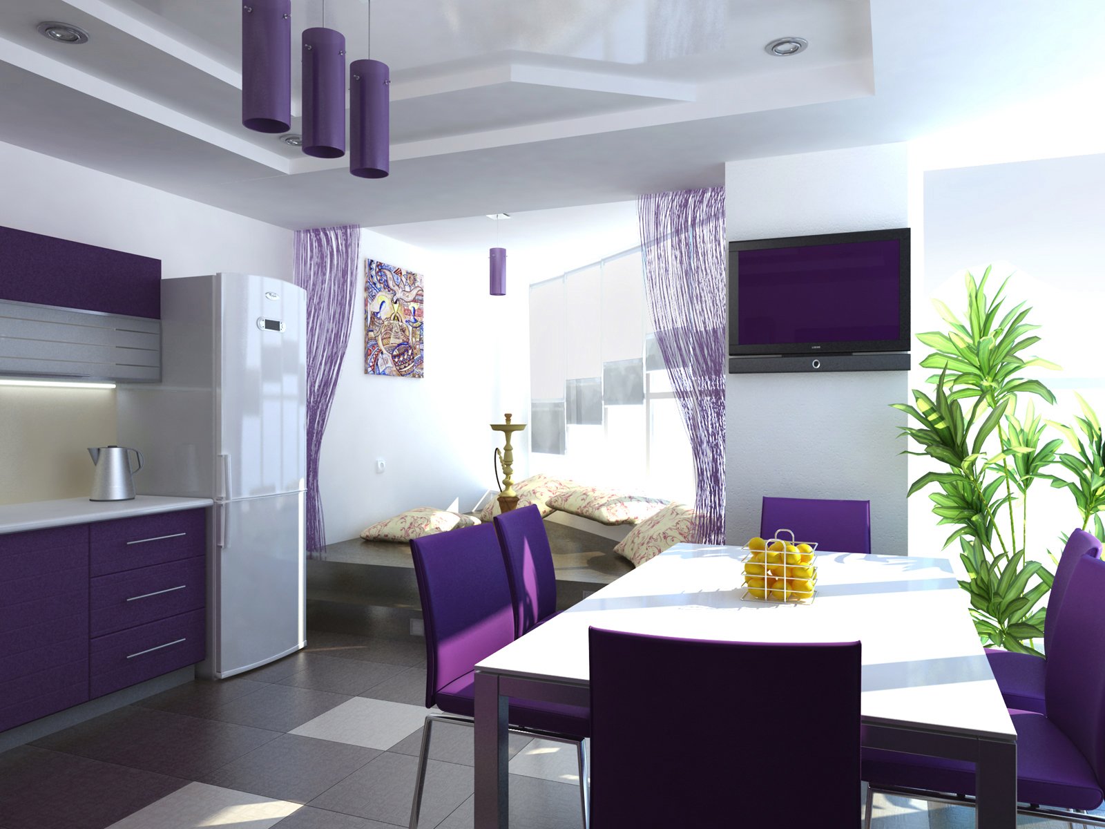 Фиолетовые шторы на кухне
