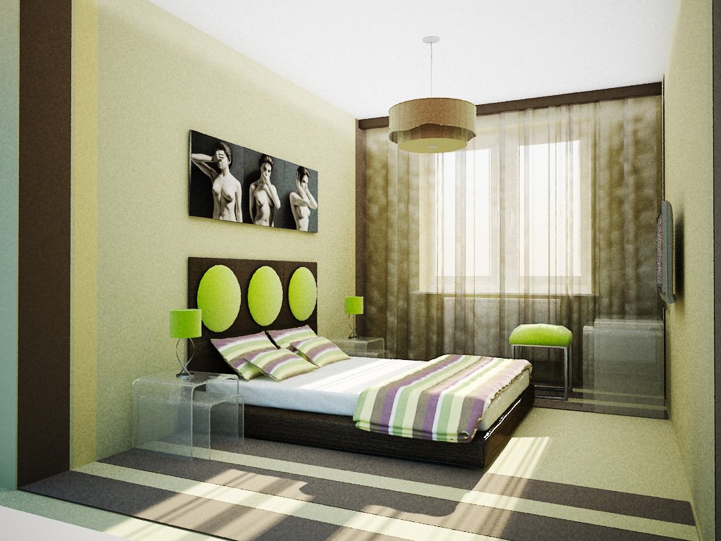 Необычный дизайн спальни в бежево-зеленых тонах