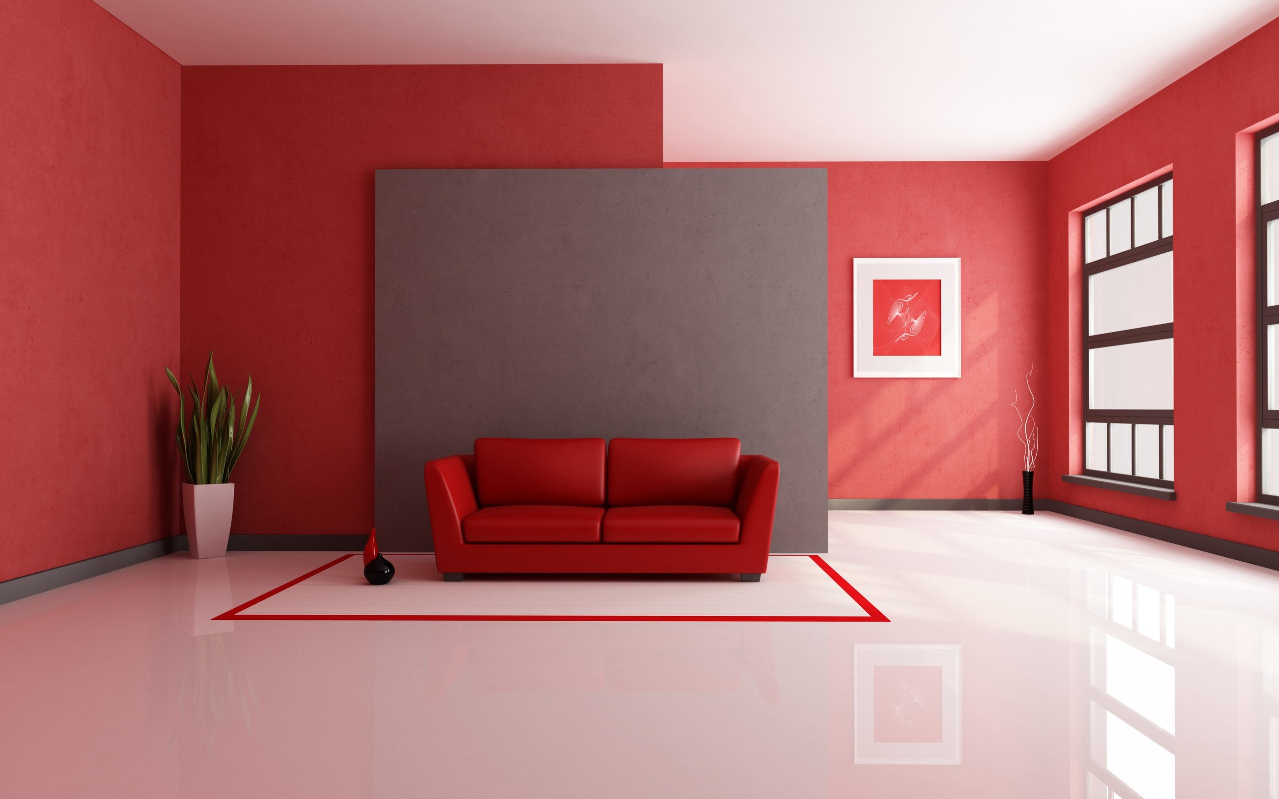 Белый пол в сочетании с красными отделочными материалами и предметами интерьера 