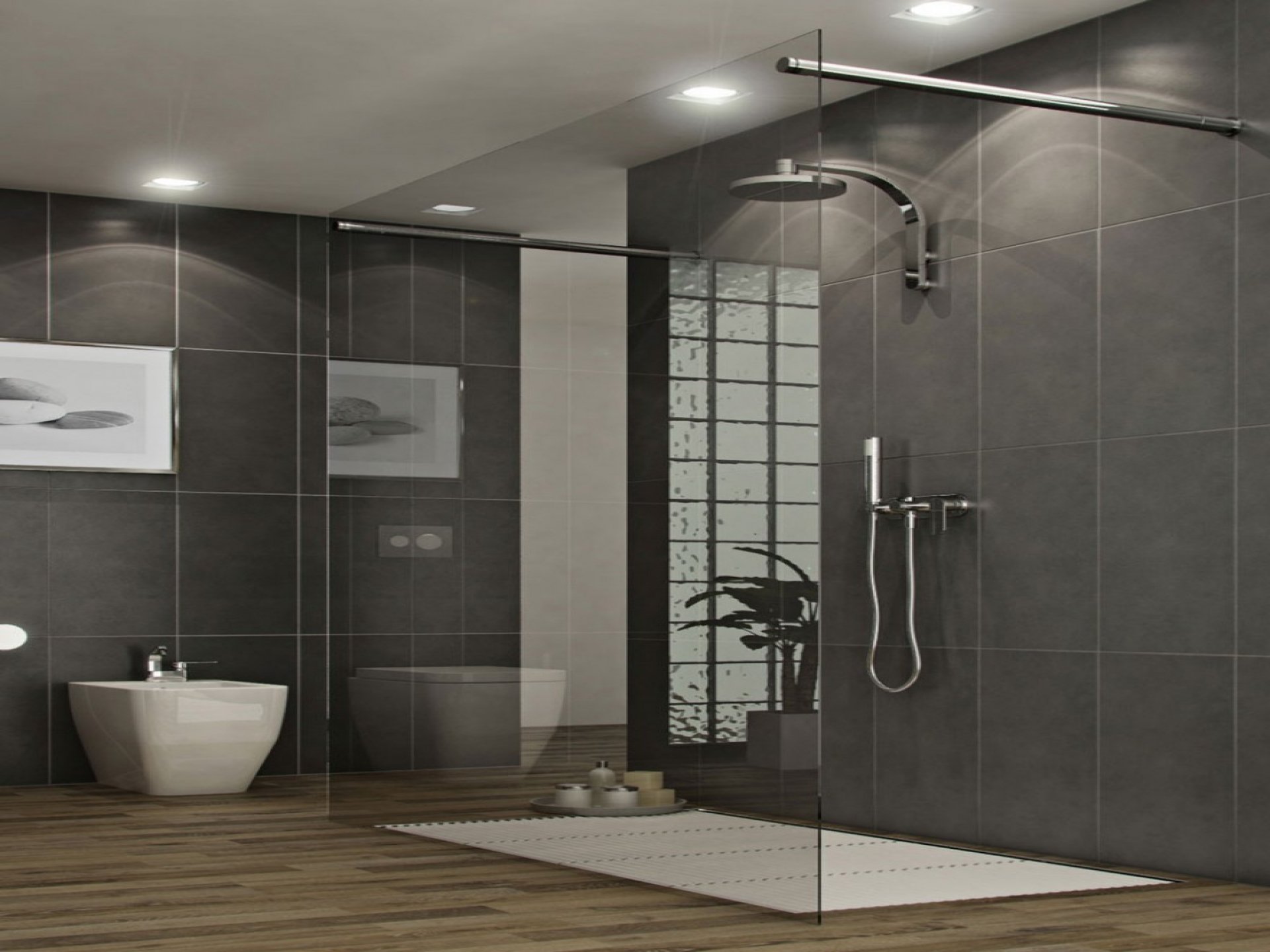 Большая ванная комната с черными стенами и бежевым полом
