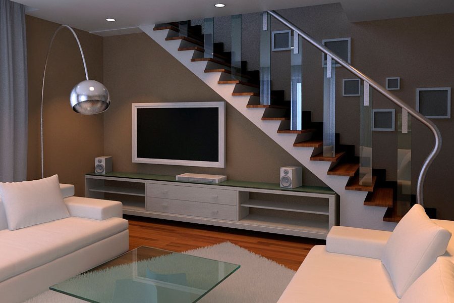 Дизайн гостиной с лестницей на 2 этаж