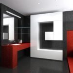 Сочетание красного, черного и белого в дизайне ванной комнаты