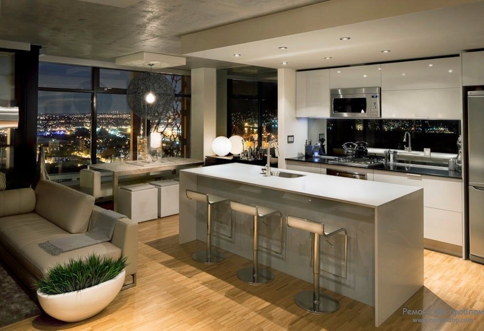 Дизайн кухни-гостиной + фото совмещенных интерьеров