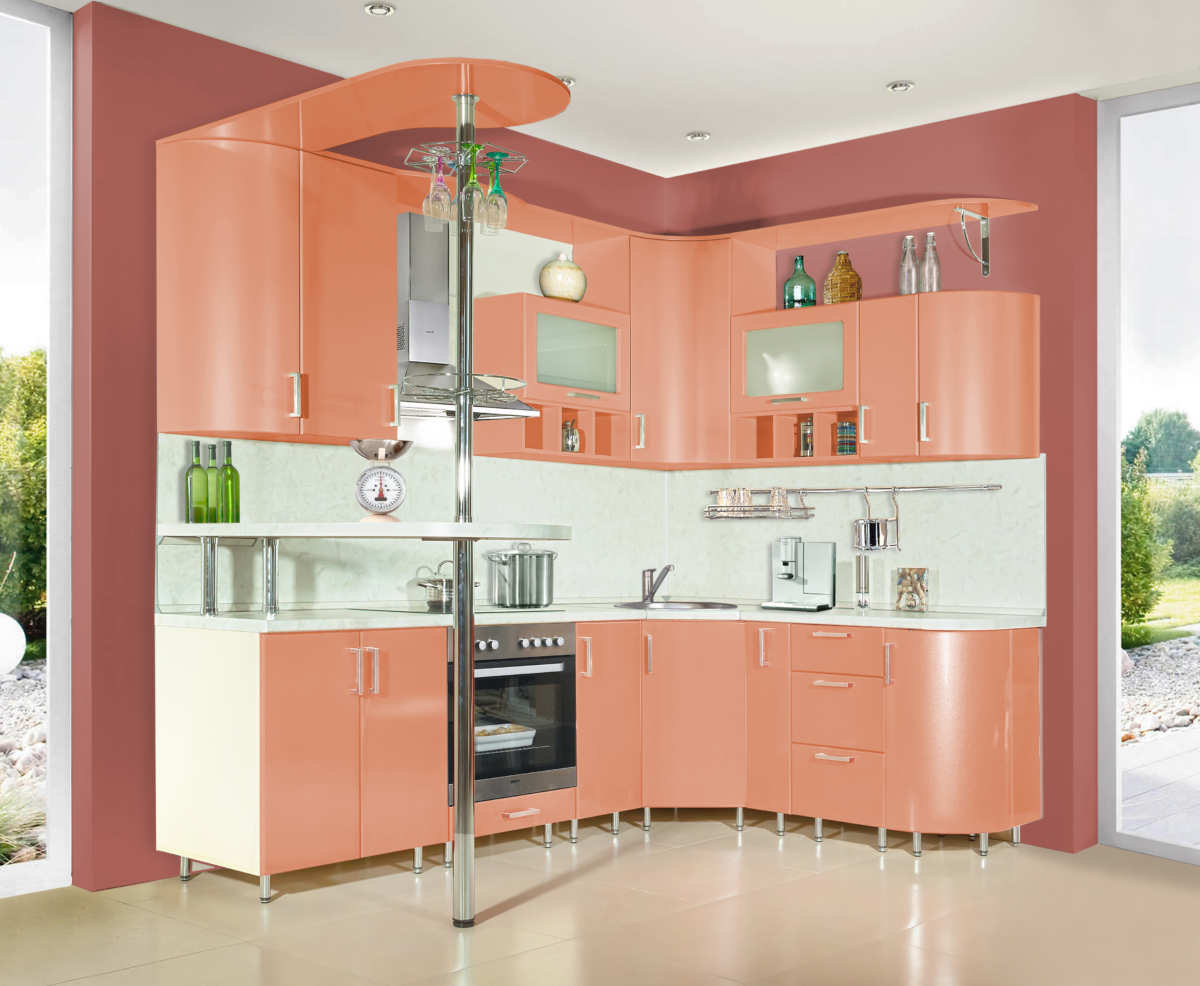 Кухонный гарнитур угловой цвет. Кухня персикового цвета. Персиковый кухонный гарнитур. Кухонный гарнитур персикового цвета. Угловые гарнитуры для маленькой кухни.