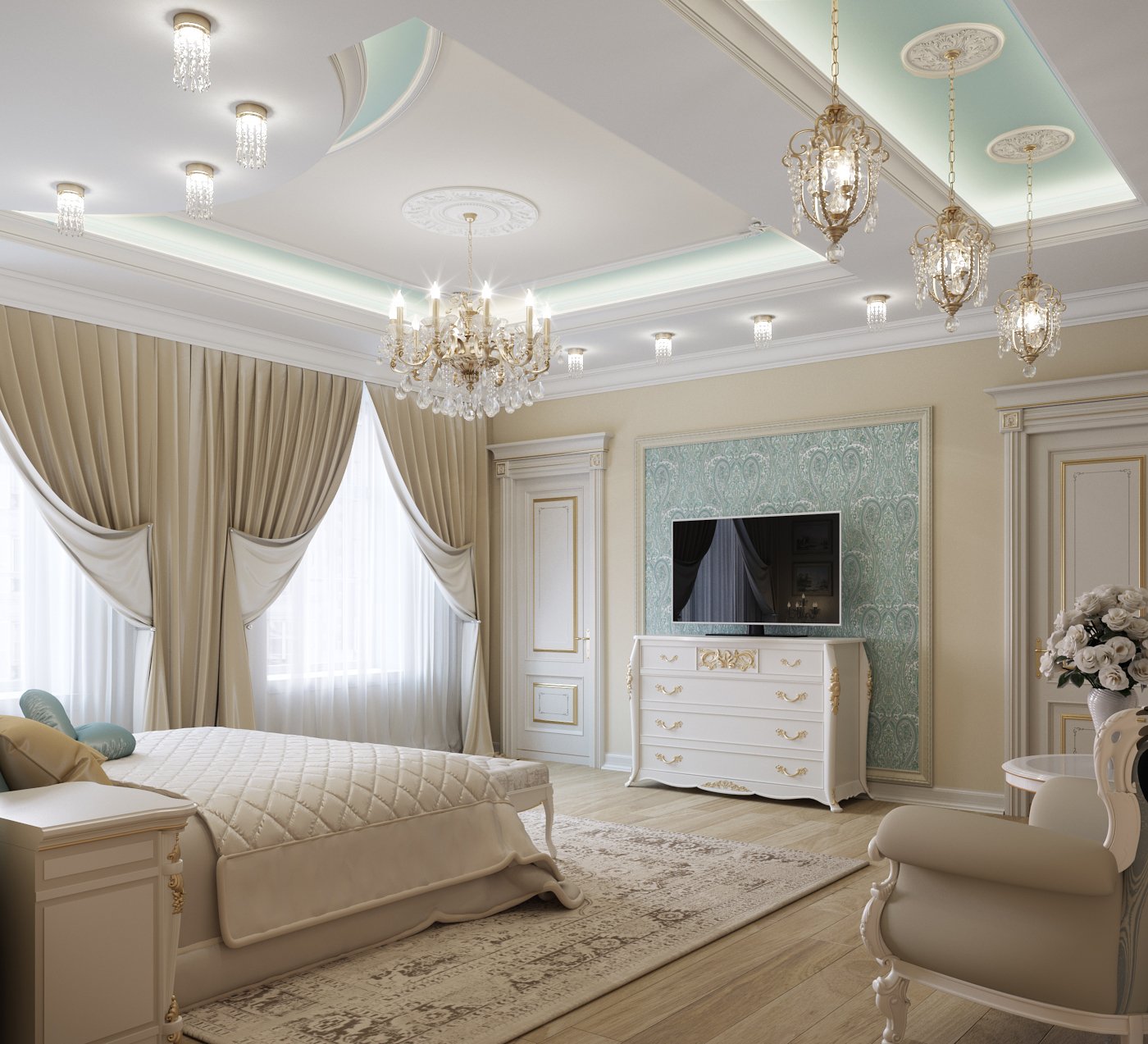Натяжной потолок в спальне в классическом стиле